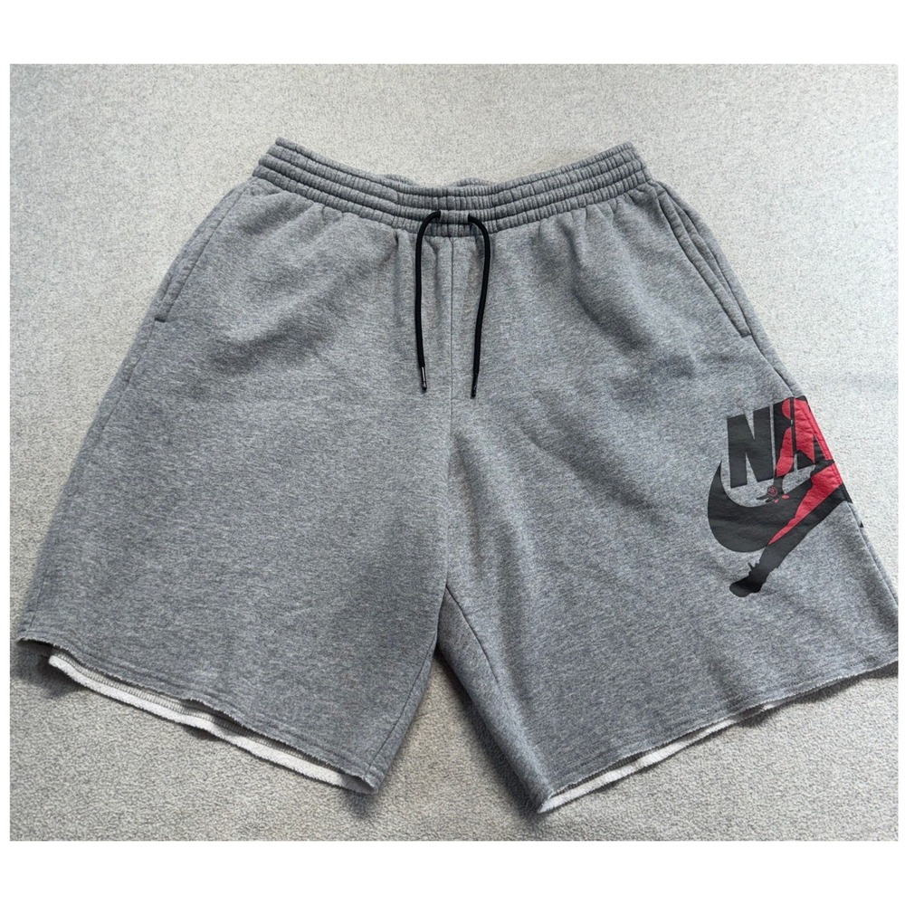 Jordan Fleece Shorts Mens L Grey Nike Air Jumpman Logo Raw Hem Sporty Streetwear